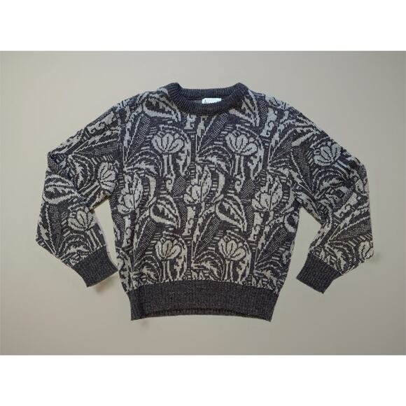 Vintage 80s Grandpacore Knit Sweater Brown Floral Medium London Fog USA Unisex - Picture 2 of 11